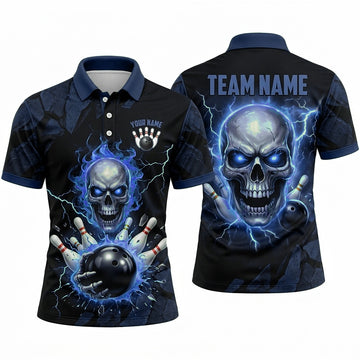 Maxcorners Bowling Polo Shirt Flaming Skull Skeleton Hand Holding Electric Aura Ball Pins Multi Options Personalized Name, Team Name Unisex 3D Shirt (3 Colors)
