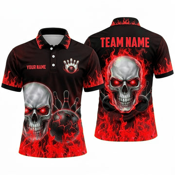 Maxcorners Bowling Polo Shirt Inferno Fire Flames Screaming Skull Cracked Texture Ball Pins Multi Options Personalized Name, Team Name Unisex 3D Shirt (3 Colors)