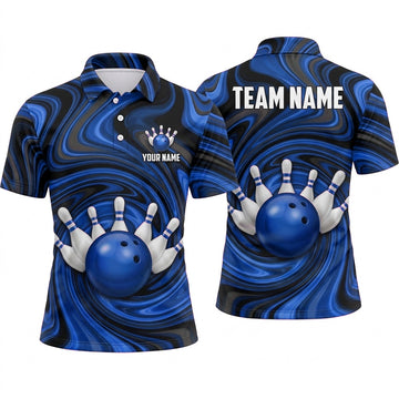 Maxcorners Bowling Polo Shirt Fluid Swirl Marble Wave Energy Motion Pattern Ball Pins Multi Options Personalized Name, Team Name Unisex 3D Shirt (4 Colors)