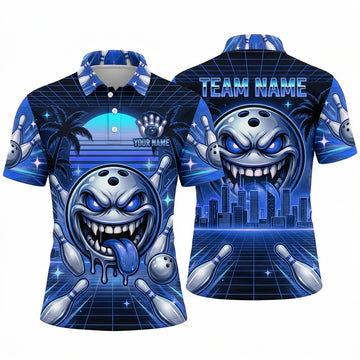 Maxcorners Bowling Polo Shirt Retro Synthwave Sunset Palm Trees Monster Face City Skyline Grid Ball Pins Multi Options Personalized Name, Team Name Unisex 3D Shirt (4 Colors)