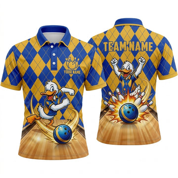 Maxcorners Bowling Polo Shirt Cartoon Duck Mascot Running Strike Diamond Argyle Pattern Ball Pins Multi Options Personalized Name, Team Name Unisex 3D Shirt