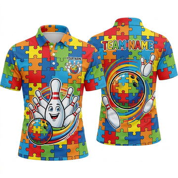Maxcorners Bowling Polo Shirt Jigsaw Puzzle Pieces Smiling Mascot Character Swirl Speed Rainbow Ball Pins Multi Options Personalized Name, Team Name Unisex 3D Shirt