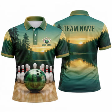 Maxcorners Bowling Polo Shirt Lake Sunrise Pine Tree Forest Sunset Nature Landscape Alley Ball Pins Multi Options Personalized Name, Team Name Unisex 3D Shirt