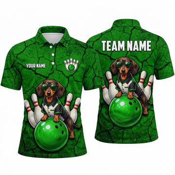 Maxcorners Bowling Polo Shirt Dachshund Dog Sunglasses Cracked Texture Ball Pins Personalized Custom Team Player Name Apparel (4 Color)