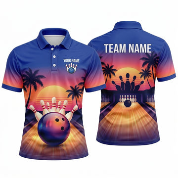 Maxcorners Bowling Polo Shirt Retro Sunset Palm Trees Beach Ocean Alley Lane Ball Pins Multi Options Personalized Name, Team Name Unisex 3D Shirt