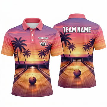Maxcorners Bowling Polo Shirt Tropical Sunset Beach Sea Waves Palm Trees Alley Ball Pins Multi Options Personalized Name, Team Name Unisex 3D Shirt
