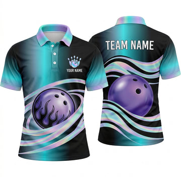 Maxcorners Bowling Polo Shirt Holographic Swirl Waves Flames Energy Flow Smooth Texture Ball Pins Multi Options Personalized Name, Team Name Unisex 3D Shirt