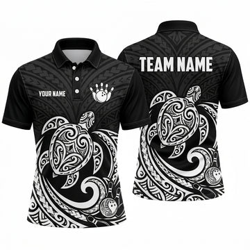 Maxcorners Bowling Polo Shirt Polynesian Maori Tribal Turtle Sea Tortoise Swirl Tattoo Pattern Ball Pins Multi Options Personalized Name, Team Name Unisex 3D Shirt