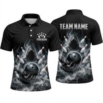 Maxcorners Bowling Polo Shirt Grim Reaper Hooded Skeleton Ghost Dark Smoke Fog Swirl Ball Pins Multi Options Personalized Name, Team Name Unisex 3D Shirt