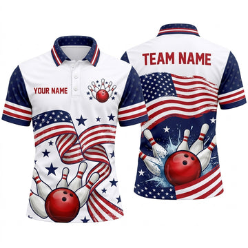 Maxcorners Bowling Polo Shirt American USA Flag Stars Waving Ribbon Distressed Patriotic Ball Pins Multi Options Personalized Name, Team Name Unisex 3D Shirt