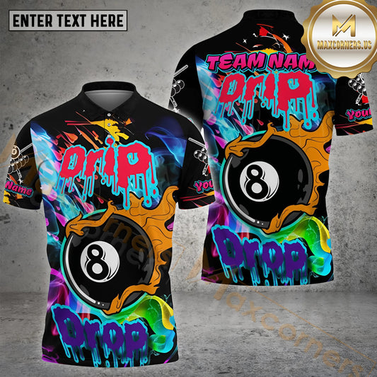 Maxcorners Billiard Ball 8 Drip And Drop Multicolor Options Personalized Name, Team Name 3D Polo Shirt (4 Colors)