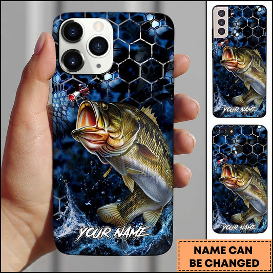 Maxcorners Bass Fishing Phone Case Blue Ocean Hexagon Lure Art Design Custom Angler Name Phone Case (12 Fish Species)