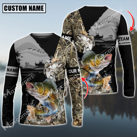 Maxcorners Walleye Fishing Water Camo Pattern Sun Protection Personalized Name, Team Name Long Sleeve Shirt