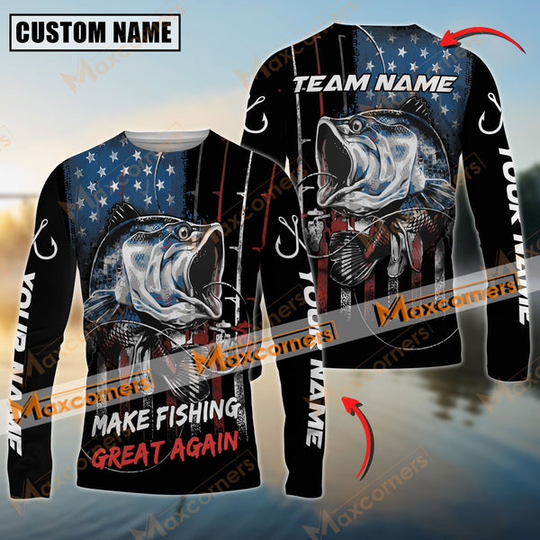 Maxcorners Bass Fishing Flag USA Make Fishing Great Again Pattern Sun Protection Personalized Name Team Name 3D Shirts