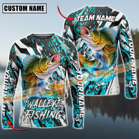 Maxcorners Walleye Fishing Cyan Color Pattern Sun Protection Personalized Name Team Name 3D Shirts