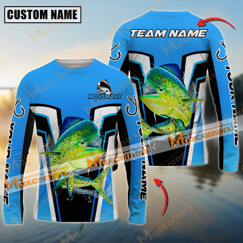 Maxcorners Mahi-Mahi Fishing Blue Color Jersey Pattern Sun Protection Personalized Name Team Name 3D Shirts