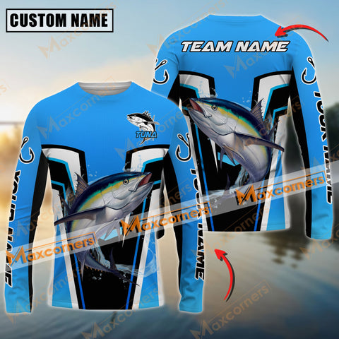 Maxcorners Tuna Fishing Blue Color Jersey Pattern Sun Protection Personalized Name Team Name 3D Shirts