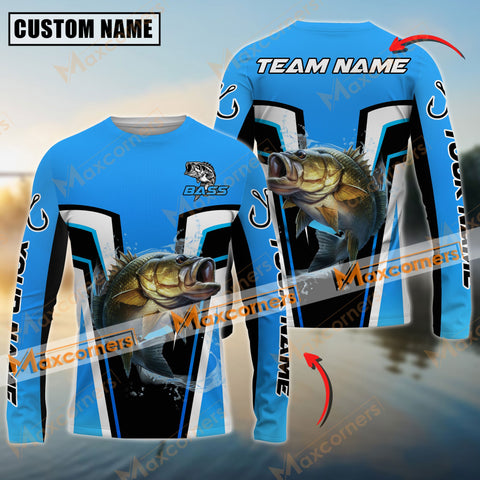 Maxcorners Bass Fishing Blue Color Jersey Pattern Sun Protection Personalized Name Team Name 3D Shirts