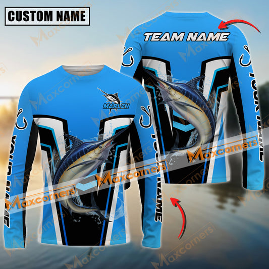 Maxcorners Marlin Fishing Blue Color Jersey Pattern Sun Protection Personalized Name Team Name 3D Shirts