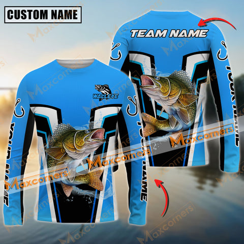 Maxcorners Walleye Fishing Blue Color Jersey Pattern Sun Protection Personalized Name Team Name 3D Shirts