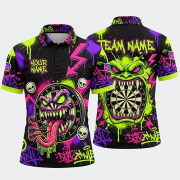 Maxcorners Darts Polo Shirt Monstrous Teeth Mouth Long Tongue Street Art Graffiti Lightning Target Board Multi Options Personalized Name, Team Name Unisex 3D Shirt