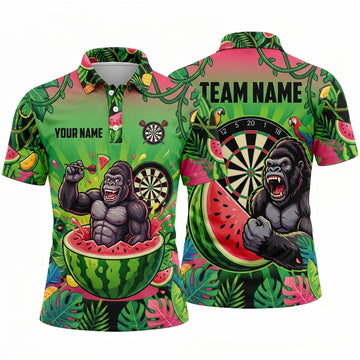 Maxcorners Darts Polo Shirt Powerful Gorilla Mascot Watermelon Slice Tropical Jungle Vines Target Board Multi Options Personalized Name, Team Name Unisex 3D Shirt