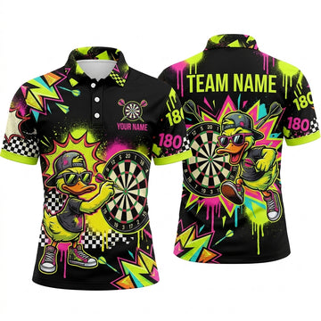 Maxcorners Darts Polo Shirt Funny Duck Mascot Cap Sunglasses Sneakers Checkered Street Art Graffiti Multi Options Personalized Name, Team Name Unisex 3D Shirt