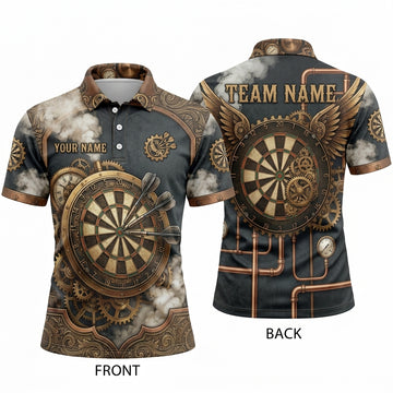 Maxcorners Darts Polo Shirt Steampunk Gears Mechanical Clockwork Steam Pipes Bronze Wings Target Board Multi Options Personalized Name, Team Name Unisex 3D Shirt