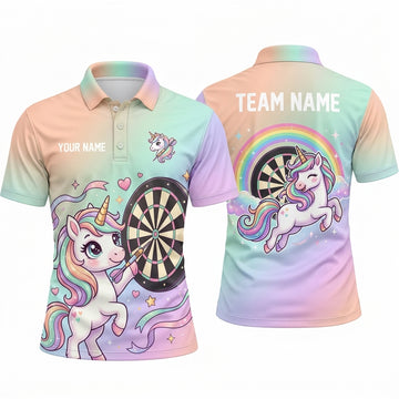 Maxcorners Darts Polo Shirt Cute Magical Unicorn Pastel Sky Rainbow Stars Hearts Clouds Target Board Multi Options Personalized Name, Team Name Unisex 3D Shirt