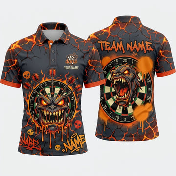 Maxcorners Darts Polo Shirt Fiery Monster Face Dripping Lava Cracked Rock Skulls Graffiti Target Board Multi Options Personalized Name, Team Name Unisex 3D Shirt (5 Colors)
