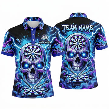 Maxcorners Darts Polo Shirt Screaming Skull Glowing Eyes Lightning Strike Shattered Glass Target Board Multi Options Personalized Name, Team Name Unisex 3D Shirt (4 Colors)