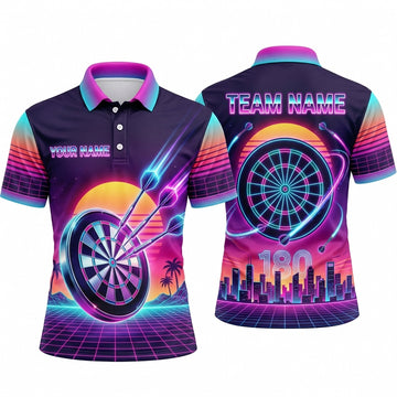 Maxcorners Darts Polo Shirt Retro Synthwave Sunset Palm Trees City Skyline Grid Target Board Multi Options Personalized Name, Team Name Unisex 3D Shirt (5 Colors)