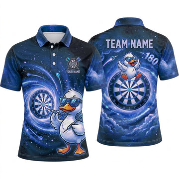 Maxcorners Darts Polo Shirt Duck Mascot Sunglasses Flying Shooting Star Cosmic Target Board Multi Options Personalized Name, Team Name Unisex 3D Shirt (5 Colors)