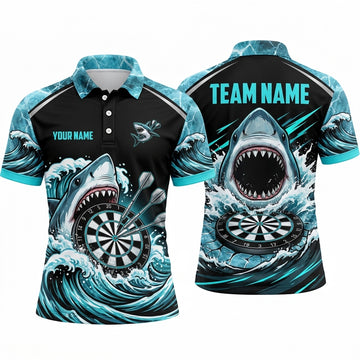 Maxcorners Darts Polo Shirt Angry Shark Open Mouth Ocean Waves Splatter Target Board Multi Options Personalized Name, Team Name Unisex 3D Shirt (4 Colors)