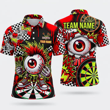 Maxcorners Darts Polo Shirt Crazy Eyeball Monster Character Sneaker Shoes Checkered Pattern Target Board Multi Options Personalized Name, Team Name Unisex 3D Shirt (5 Colors)