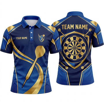 Maxcorners Darts Polo Shirt Elegant Shield Emblem Curved Golden Lines Geometric Mesh Target Board Multi Options Personalized Name, Team Name Unisex 3D Shirt (4 Colors)