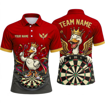 Maxcorners Darts Polo Shirt Royal Crown Duck Mascot Cloak Ribbon Wings Target Board Multi Options Personalized Name, Team Name Unisex 3D Shirt (4 Colors)