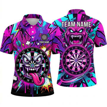 Maxcorners Darts Polo Shirt Crazy Monster Character Tongue Out Sharp Teeth Lightning Splatter Target Board Multi Options Personalized Name, Team Name Unisex 3D Shirt (5 Colors)