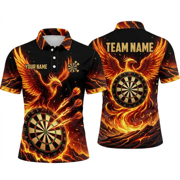Maxcorners Darts Polo Shirt Phoenix Bird Flying Fire Wings Flame Energy Target Board Multi Options Personalized Name, Team Name Unisex 3D Shirt (5 Colors)