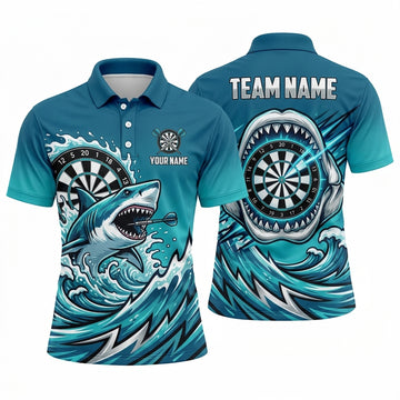 Maxcorners Darts Polo Shirt Fierce Shark Open Mouth Sharp Teeth Ocean Waves Splatter Target Board Multi Options Personalized Name, Team Name Unisex 3D Shirt (4 Colors)