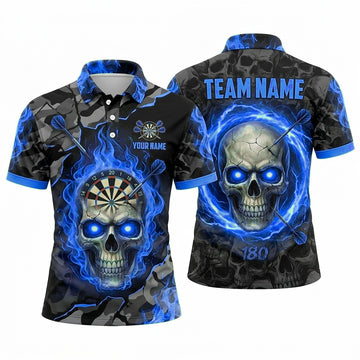 Maxcorners Darts Polo Shirt Fiery Skull Glowing Eyes Camo Texture Ring Aura Target Board Multi Options Personalized Name, Team Name Unisex 3D Shirt (5 Colors)