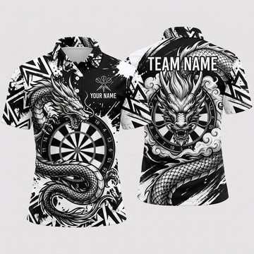 Maxcorners Darts Polo Shirt Mythical Dragon Clouds Brush Splatter Ink Geometric Lines Target Board Multi Options Personalized Name, Team Name Unisex 3D Shirt