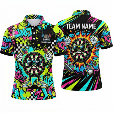 Maxcorners Darts Polo Shirt Cool Target Mascot Character Sunglasses Sneakers Checkered Street Art Graffiti Multi Options Personalized Name, Team Name Unisex 3D Shirt