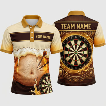 Maxcorners Darts Polo Shirt Hairy Belly Beer Bubbles Foamy Pint Drink Ornate Frame Target Board Multi Options Personalized Name, Team Name Unisex 3D Shirt