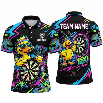 Maxcorners Darts Polo Shirt Funny Duck Mascot Headband Sunglasses High Score 180 Lightning Splatter Target Board Multi Options Personalized Name, Team Name Unisex 3D Shirt