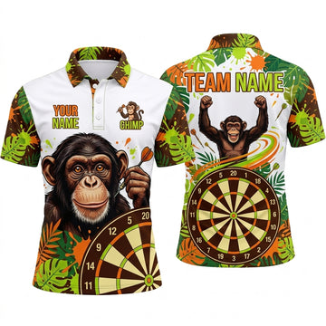 Maxcorners Darts Polo Shirt Chimp Chimpanzee Monkey Mascot Tropical Jungle Leaves Paint Splatter Target Board Multi Options Personalized Name, Team Name Unisex 3D Shirt