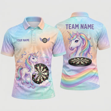 Maxcorners Darts Polo Shirt Cute Magical Unicorn Pegasus Horn Stars Clouds Target Board Multi Options Personalized Name, Team Name Unisex 3D Shirt