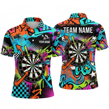 Maxcorners Darts Polo Shirt Dynamic Arrows Urban Street Art Graffiti Checkered Pattern Target Board Multi Options Personalized Name, Team Name Unisex 3D Shirt