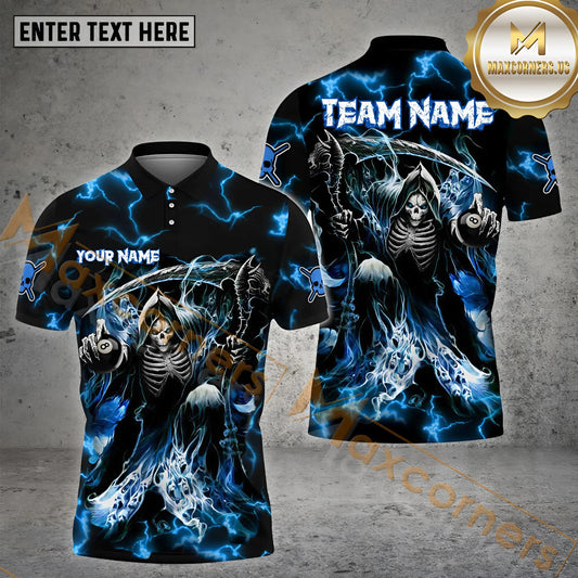 Maxcorners Billiard 8 Ball  Thunder Fire Skull Jersey Sport Multicolor Options Personalized Name, Team Name 3D Polo Shirt (4 Colors)
