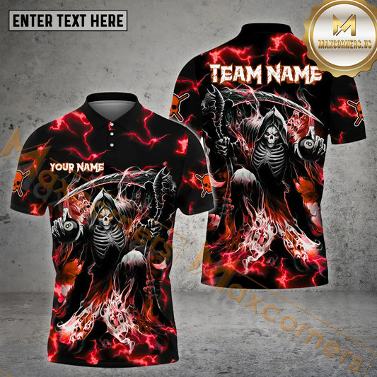 Maxcorners Billiard 8 Ball  Thunder Fire Skull Jersey Sport Multicolor Options Personalized Name, Team Name 3D Polo Shirt (4 Colors)